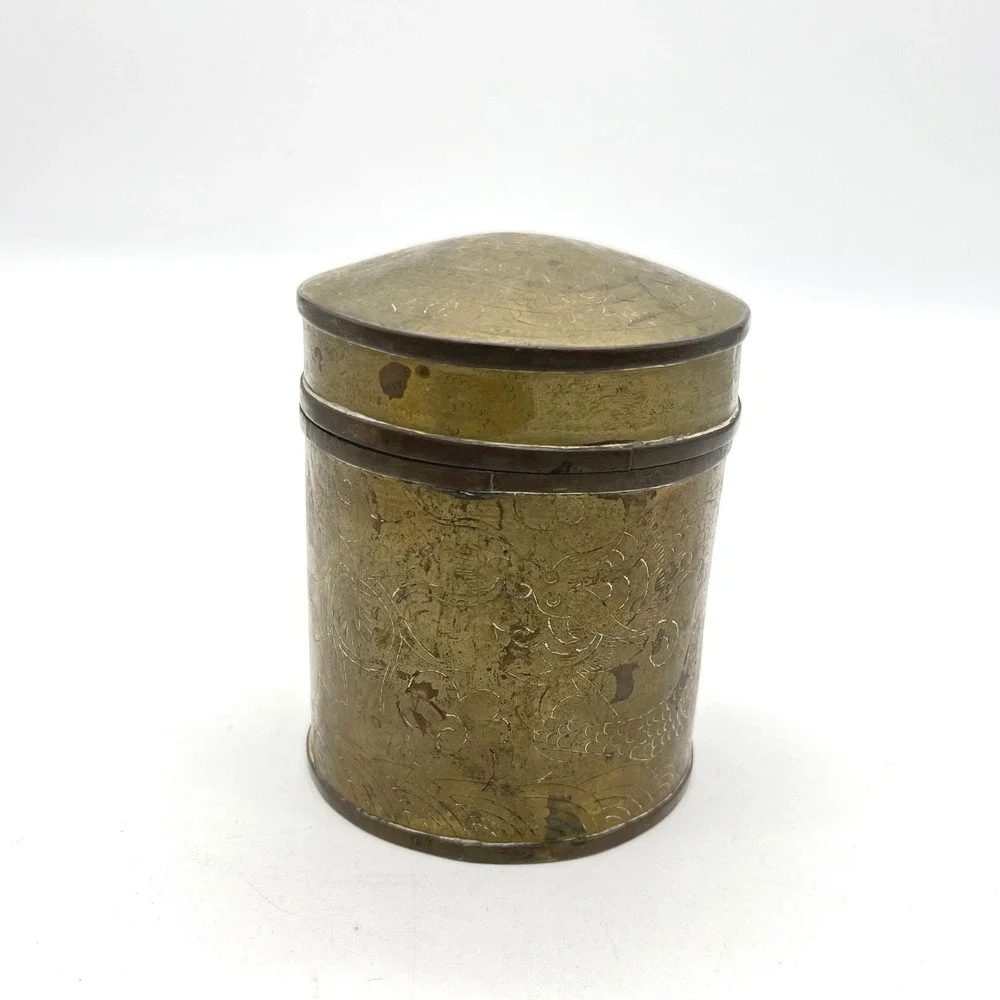 Vintage Etched‎ Brass Dragon Tea Caddy Canister Made in China Chinoiserie Jar